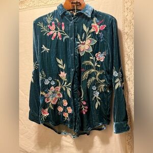 Johnny Was Teal Floral Embroidered Shirt